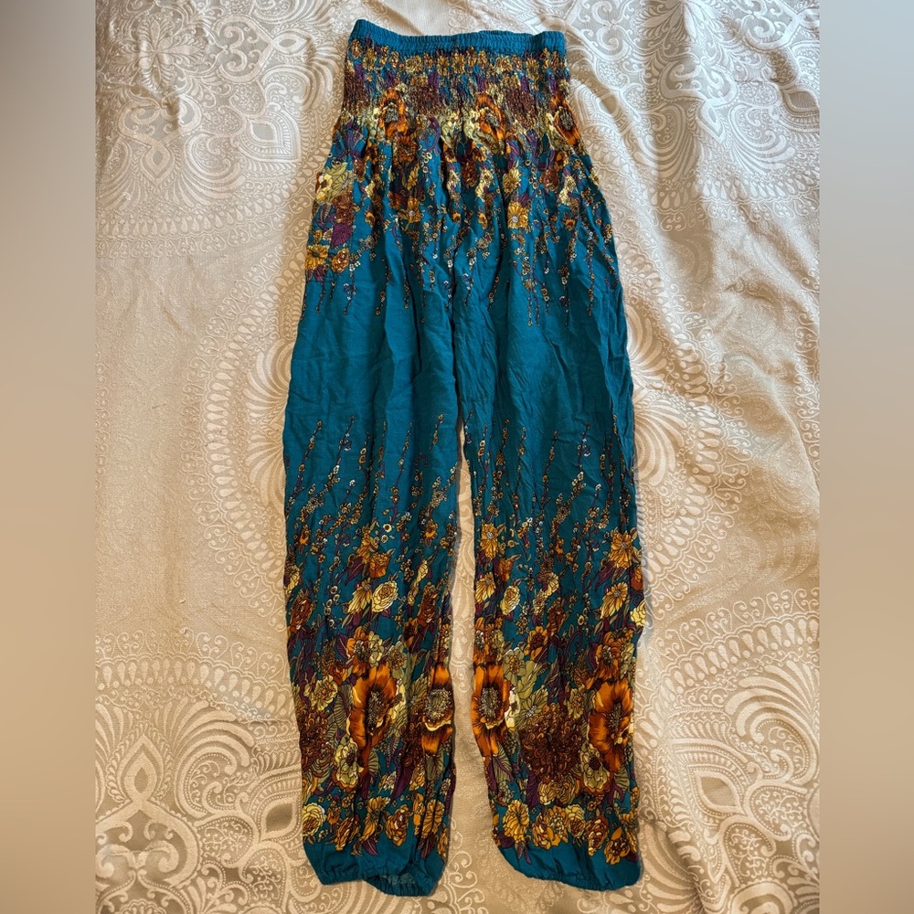 Bangkok Pants Dark Teal Yellow Floral Pattern Bohemian Harem Pants with Pockets